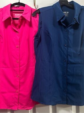 Reel Legends Sleeveless Button-Down Tops in Hot Pink and Navy